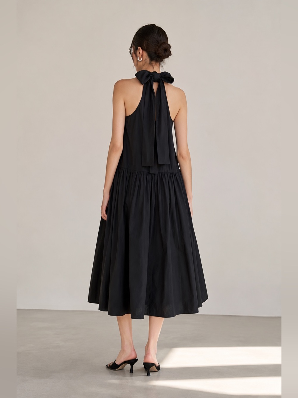 STAUD Marlowe Black Cotton Poplin Halter Drop-Waist Midi Dress L NWT